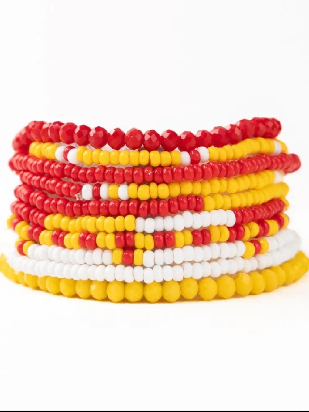 New in package Hand beaded 10 bracelet stack red yellow white Seed beads chiefs